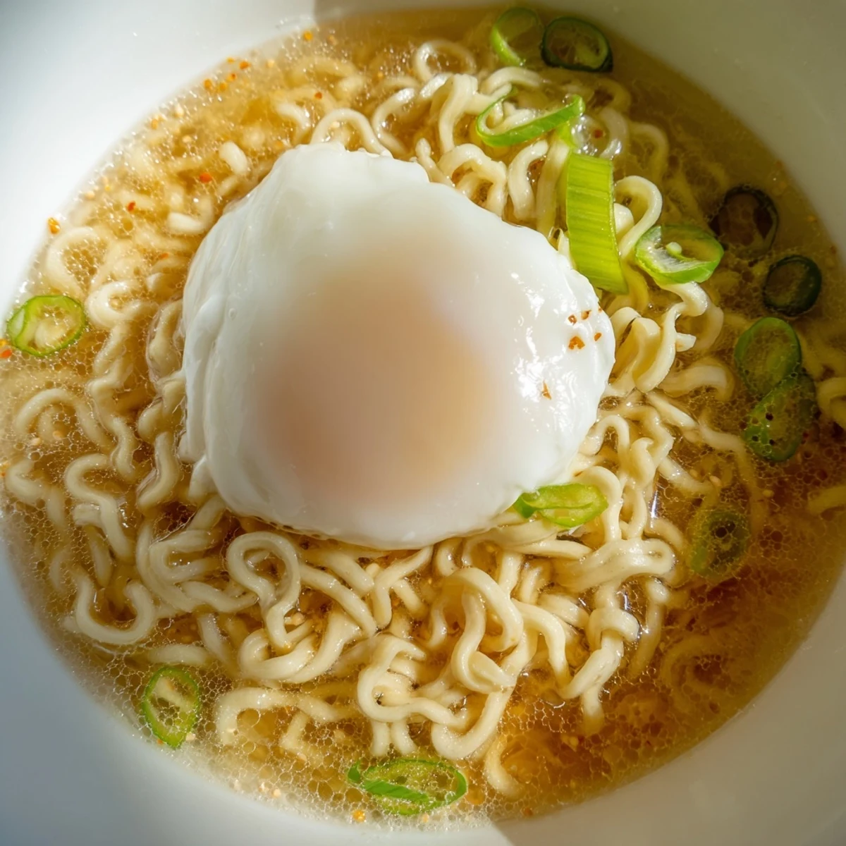 Steaming bowl of upgraded instant ramen with a perfectly cooked egg yolk and fresh scallions.