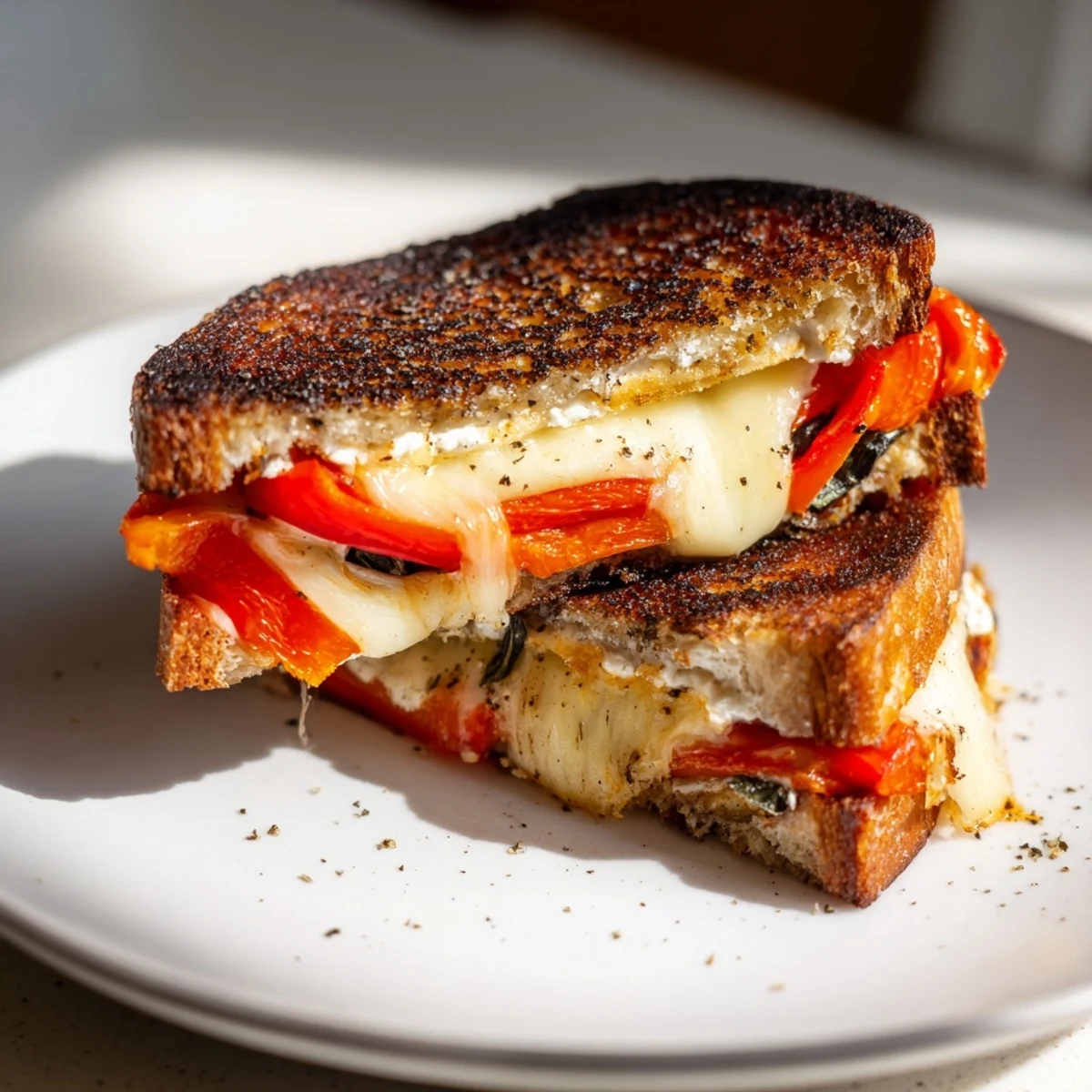 Melted mozzarella oozing from a Roasted Red Pepper Grilled Cheese sandwich resting on a plate.