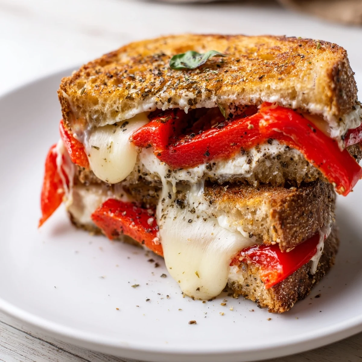 Golden-brown bread with visible roasted red peppers in a delicious grilled cheese.