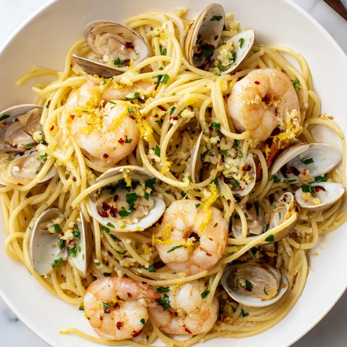 Steaming hot Seafood Pasta Aglio e Olio with plump shrimp, clams, and fresh parsley, ready to serve.