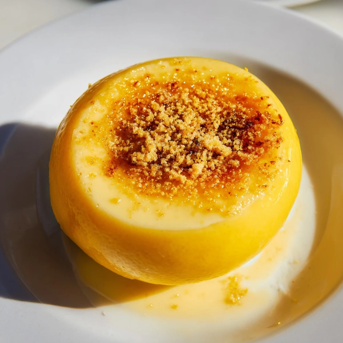 Golden, caramelized sugar atop a refreshing Lemon Brûlée Posset, ready to be devoured.