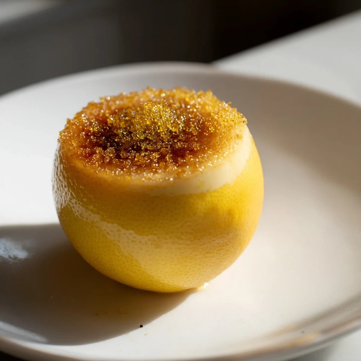 Elegant chilled Lemon Brûlée Posset, a fancy dessert with a creamy lemon filling, ready to eat.