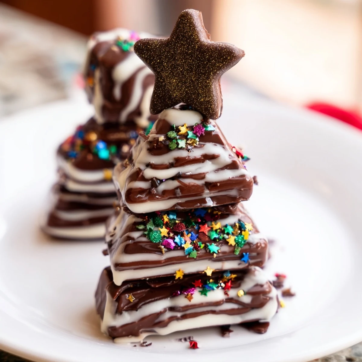 Melted chocolate drizzled over festive Chocolate Kinder Christmas Trees, topped with star candies.