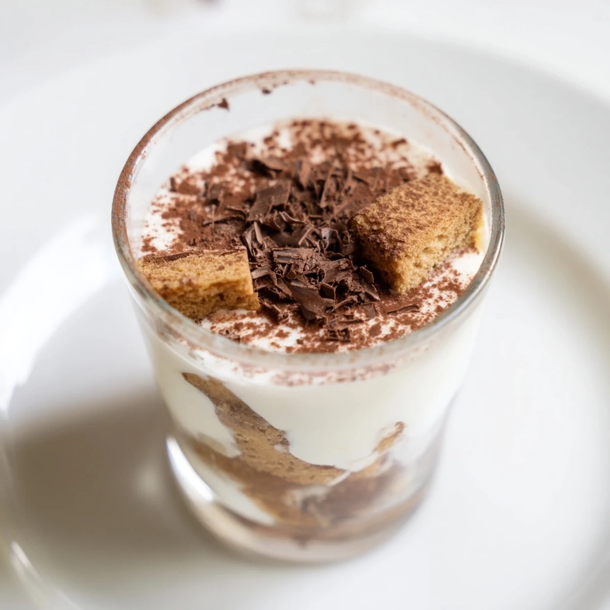 Deconstructed Tiramisu Shots in small glasses ready to eat, dusted with cocoa and chocolate shavings.