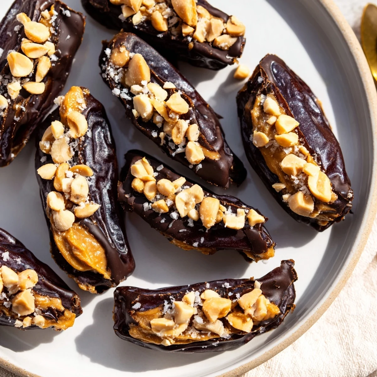 Snickers-style Date Bark, a no-bake dessert, featuring layers of chocolate and peanuts.