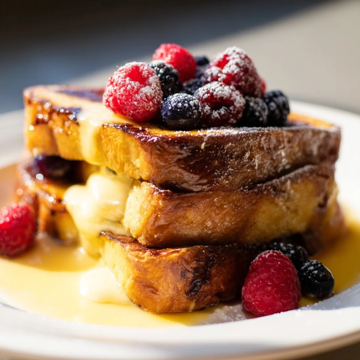 Golden, caramelized Ice Cream French Toast slices ready for maple syrup and berries.