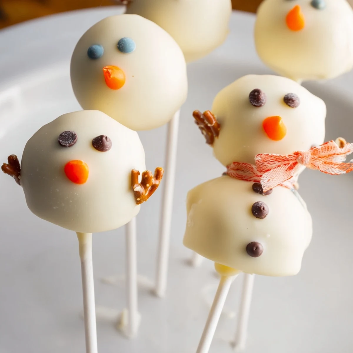White chocolate-covered Oreo Snowman Cake Pops, adorable and ready for a winter holiday treat.