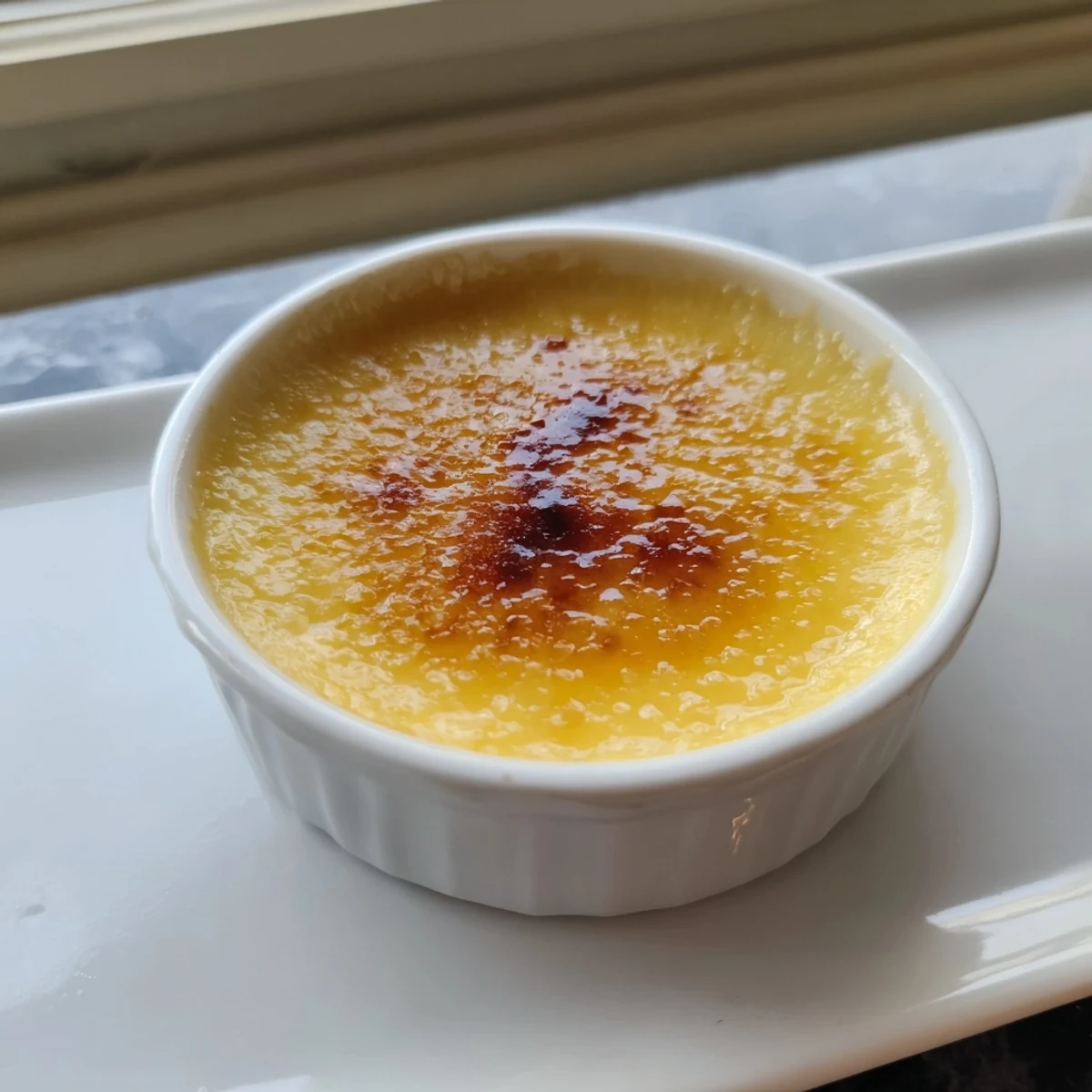 Golden-brown sugar crust on a ramekin of rich 3-Ingredient Crème Brûlée, ready for a decadent taste.