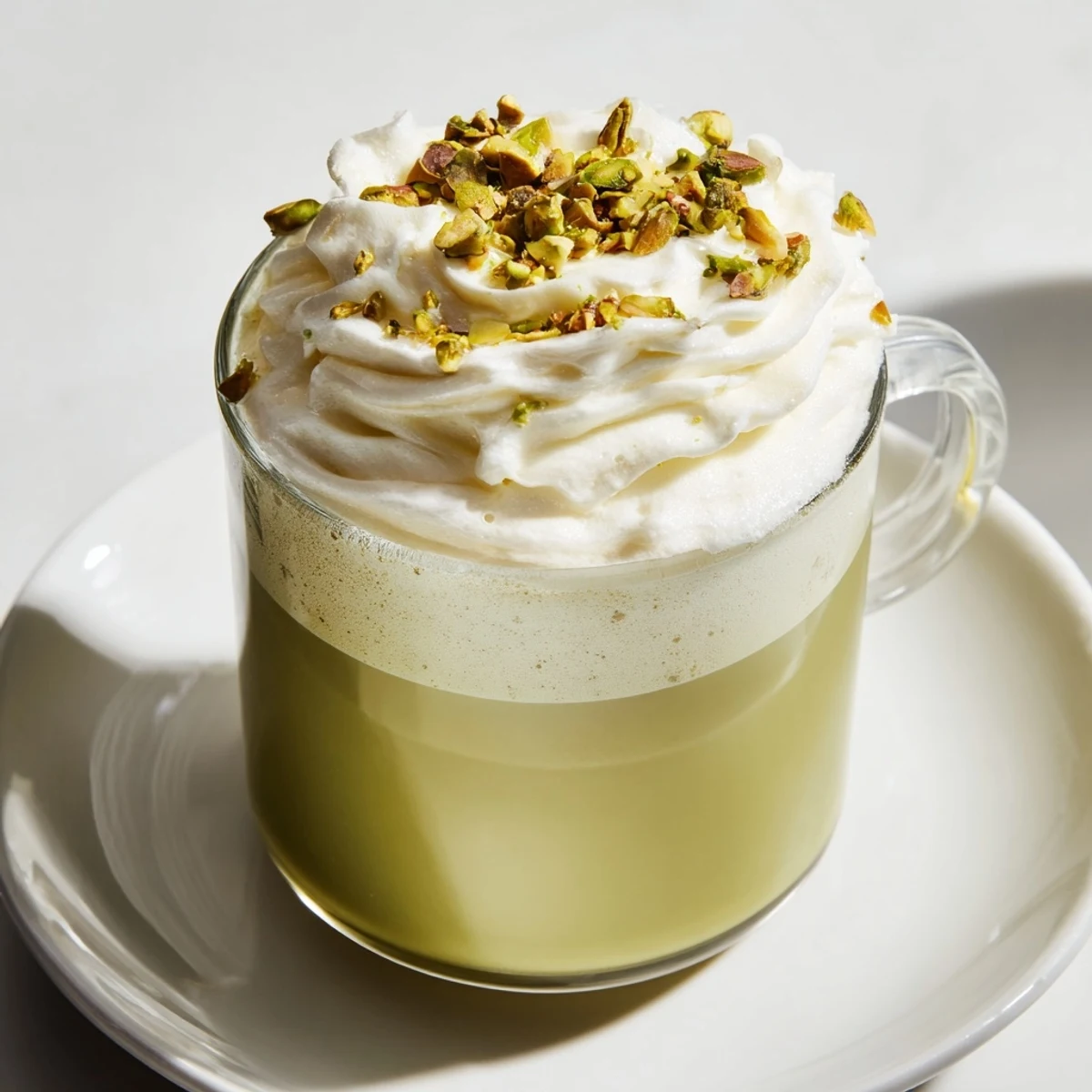 Steaming hot pistachio latte, crowned with fluffy cold foam, a perfect cafe-style drink.