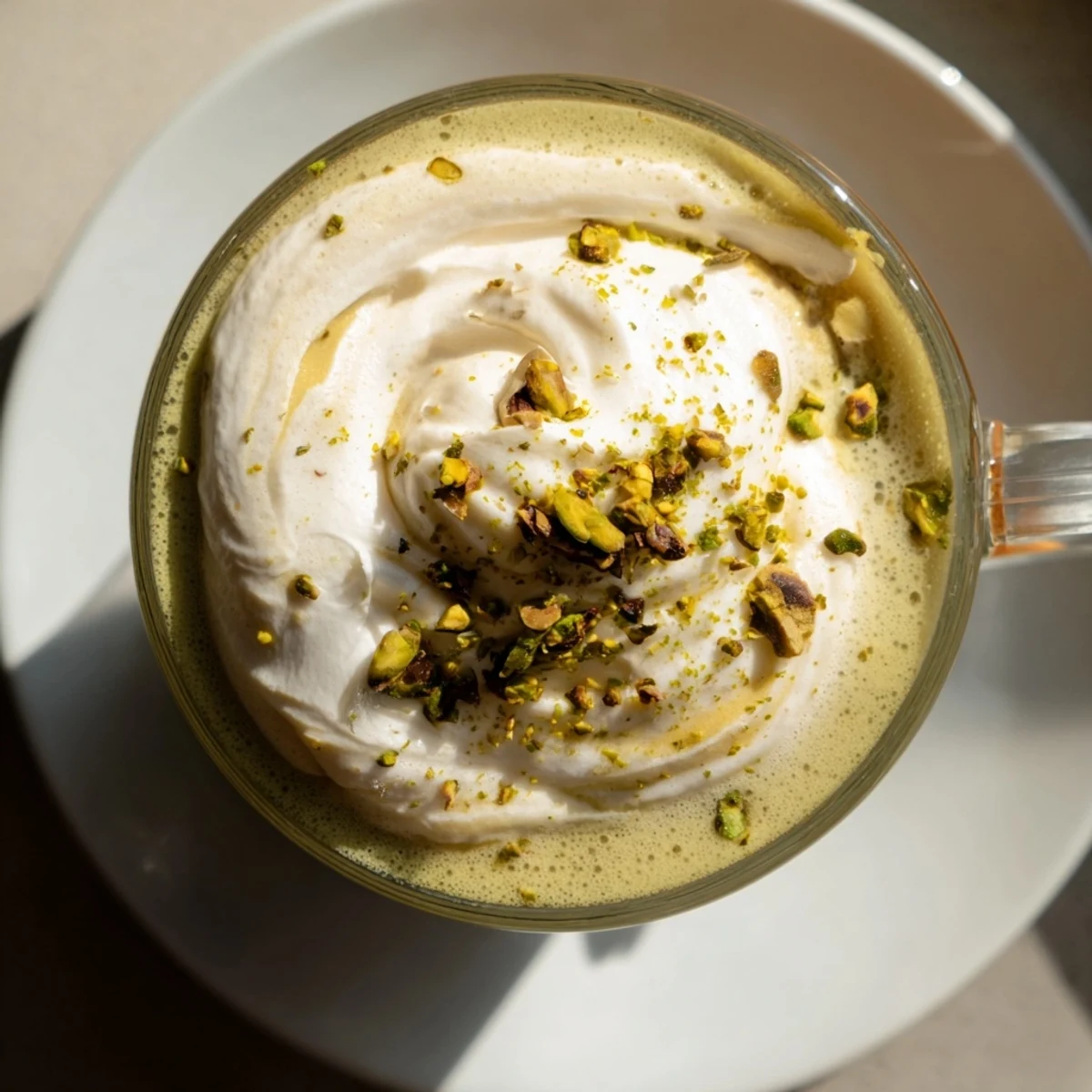 Imagine a rich, nutty pistachio latte topped with sweet cold foam, ready to sip and enjoy.