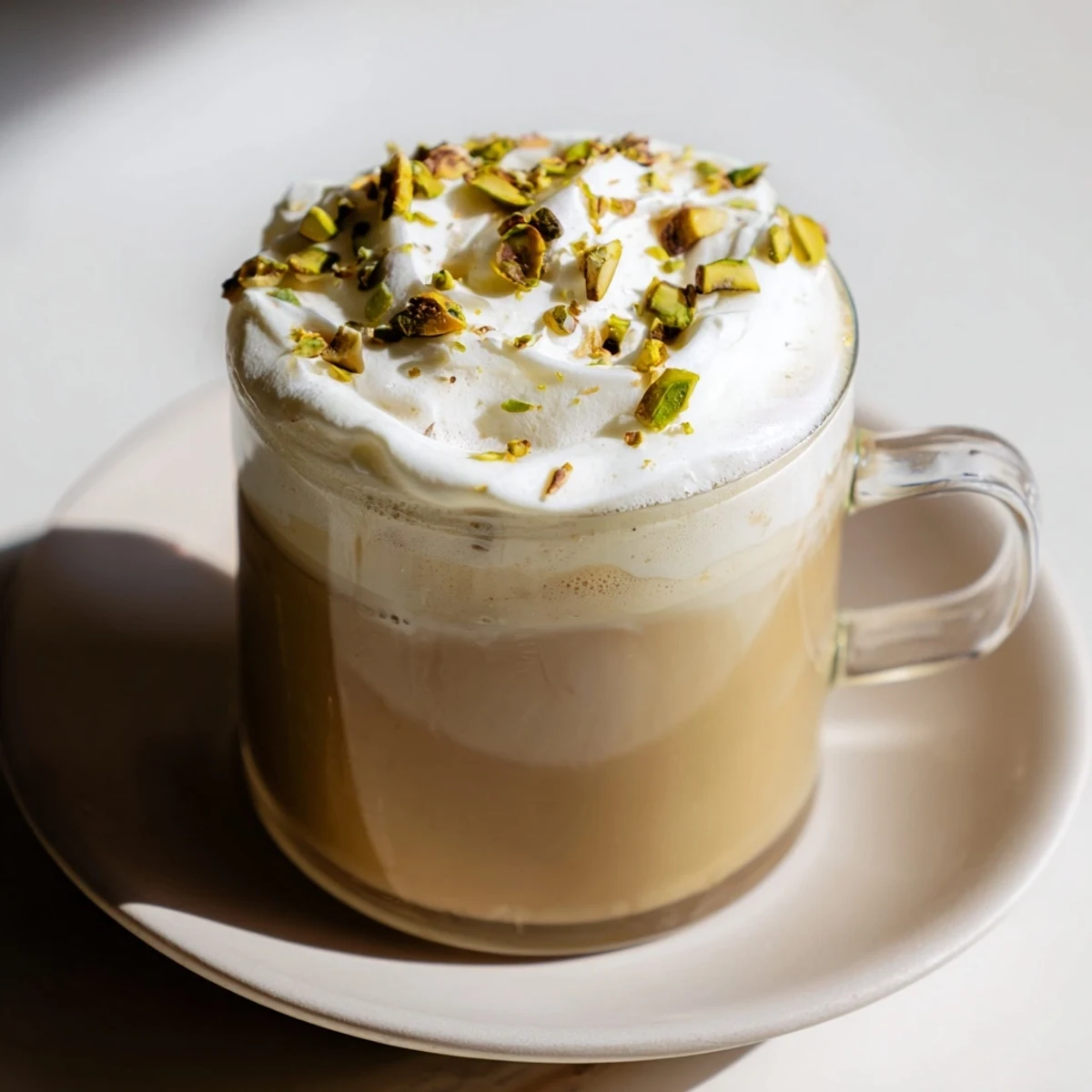 A close-up shot of a creamy, inviting pistachio latte, garnished with chopped pistachios.