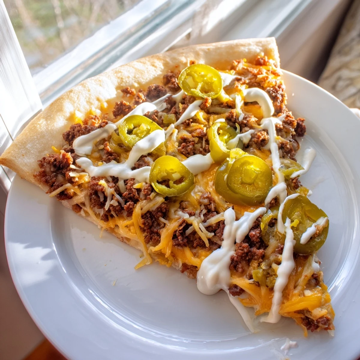Ground beef taco pizza with melty cheese and jalapeños, ready to slice and enjoy.