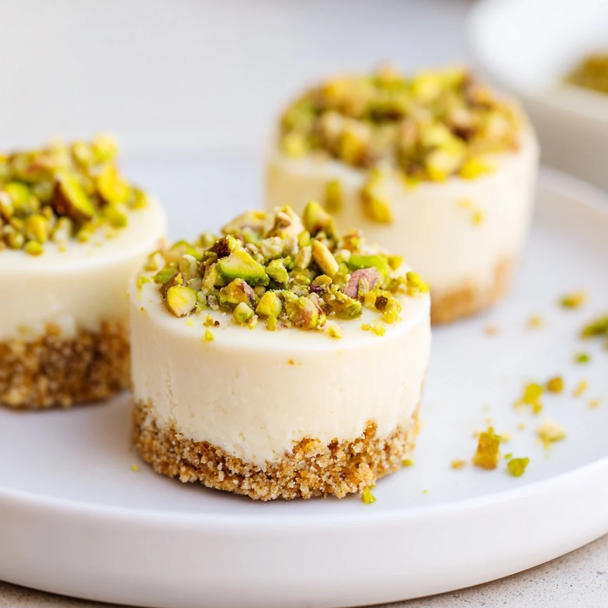 Freshly garnished Pistachio Cheesecake Bites: a delicate, elegant treat perfect for sharing, each topped with pistachios.