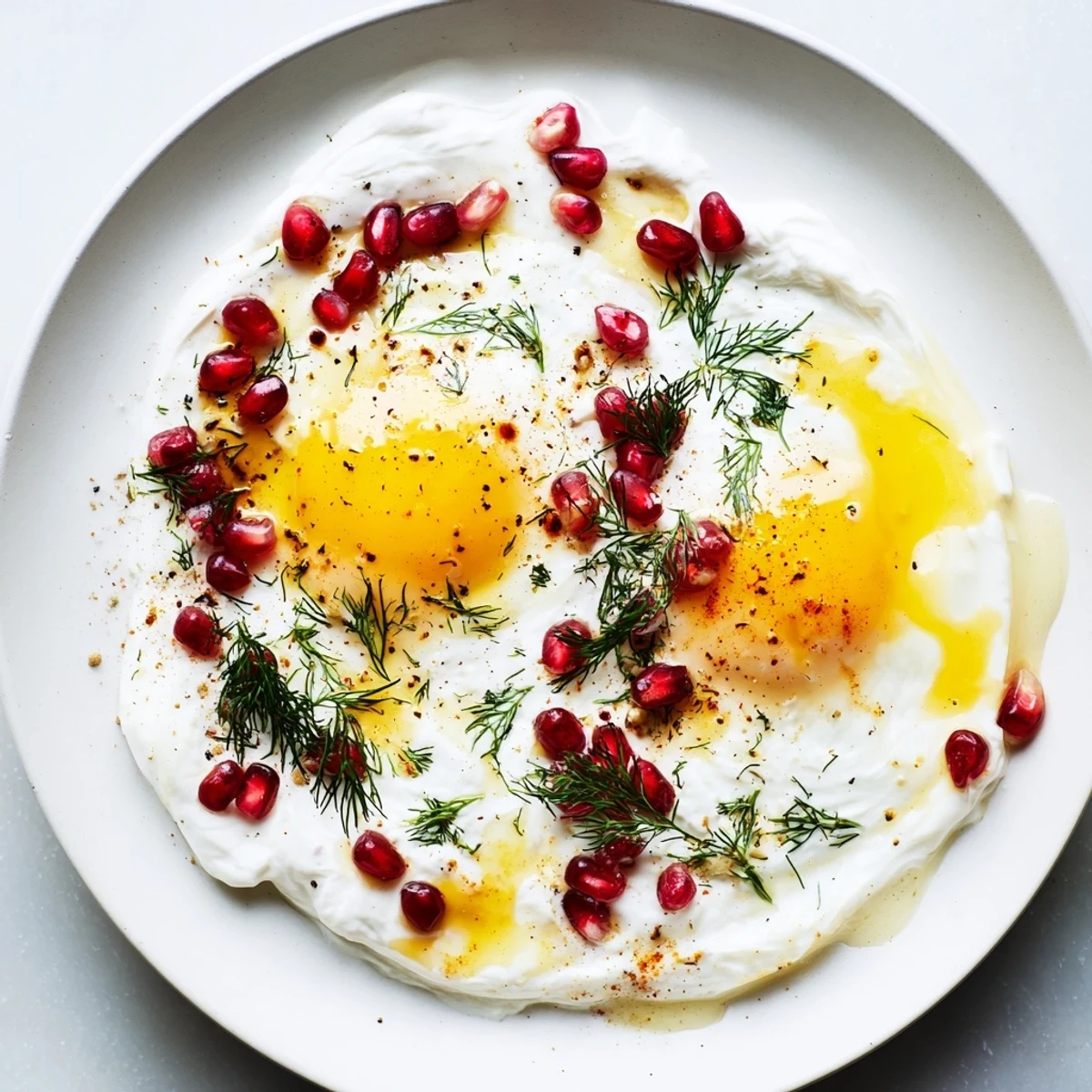 Delicious Çılbır with vibrant pomegranate seeds and a rich, tangy sumac butter topping.