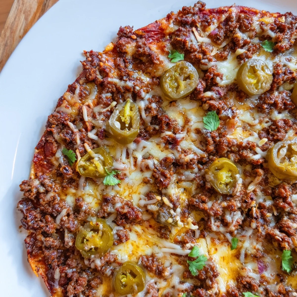 Spicy Ground Beef Pizza Base, fresh from the oven, with bubbling cheese and a sweet hot honey drizzle.
