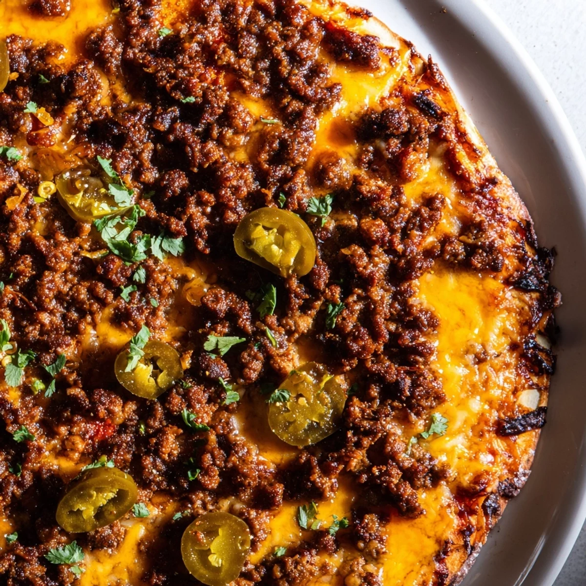 A close-up shot of a homemade Spicy Ground Beef Pizza Base, showcasing savory ground beef toppings.