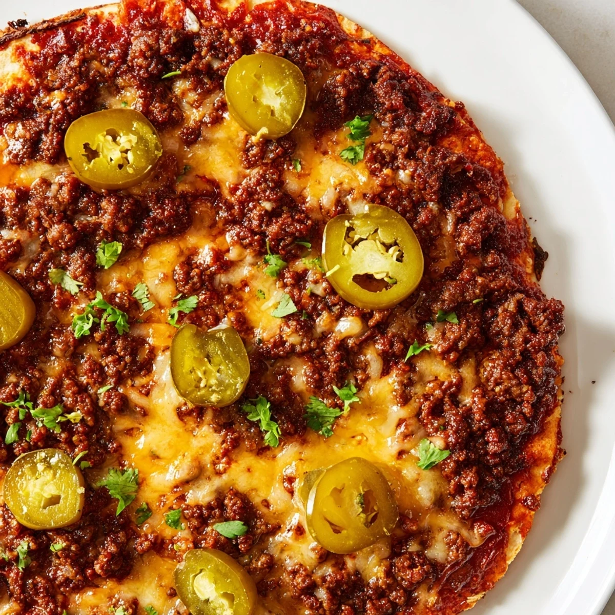 Golden crust topped with melty cheese and the flavorful Spicy Ground Beef Pizza Base, ready to slice.