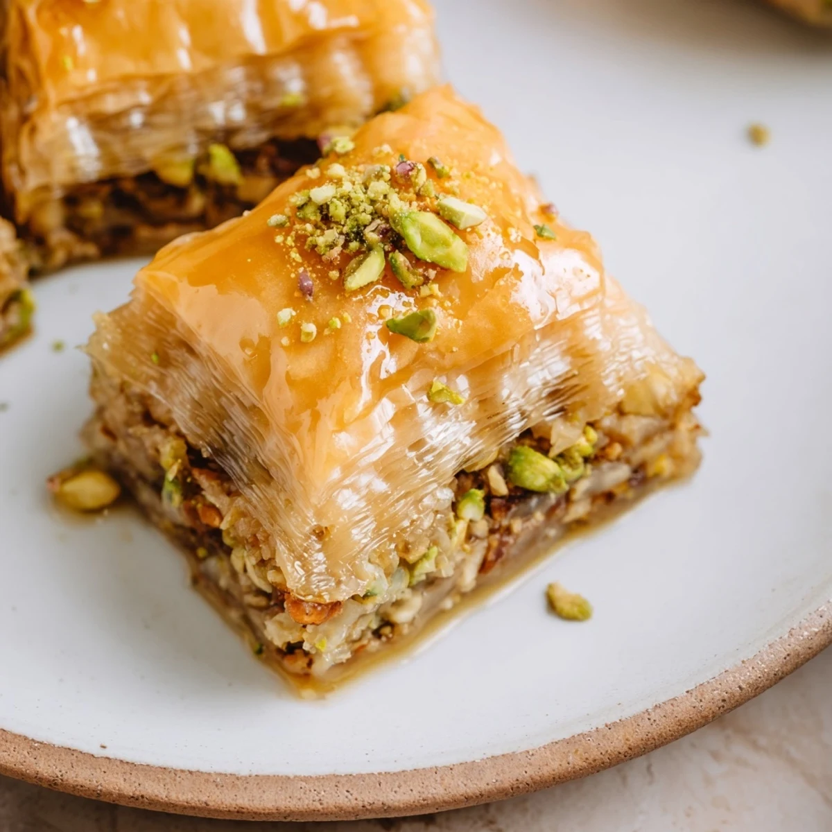 Crisp and nutty Turkish baklava, with diamond cuts ready to be served and enjoyed at a dessert table.