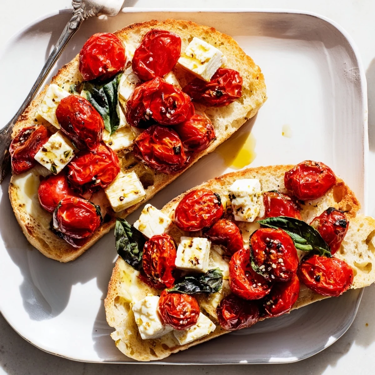Creamy baked feta and roasted cherry tomatoes glisten on golden sourdough slices, topped with fresh basil for a vibrant Mediterranean snack.