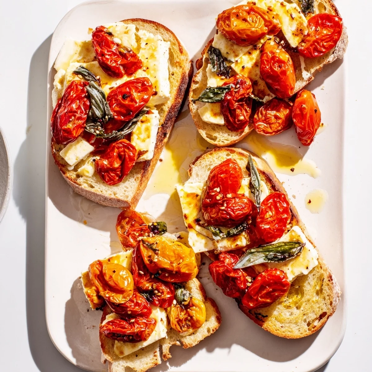 Savory baked feta toast features crisp edges, juicy roasted tomatoes, and a drizzle of olive oil on toasted bread.