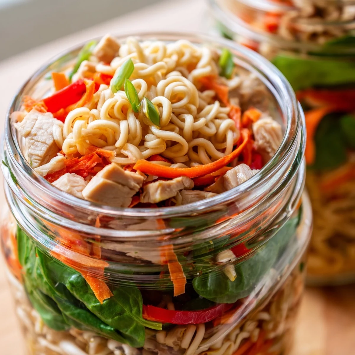 For serving, the jar is tipped into a bowl, mixing tender noodles, chicken, spinach, and sesame seeds for a quick lunch.
