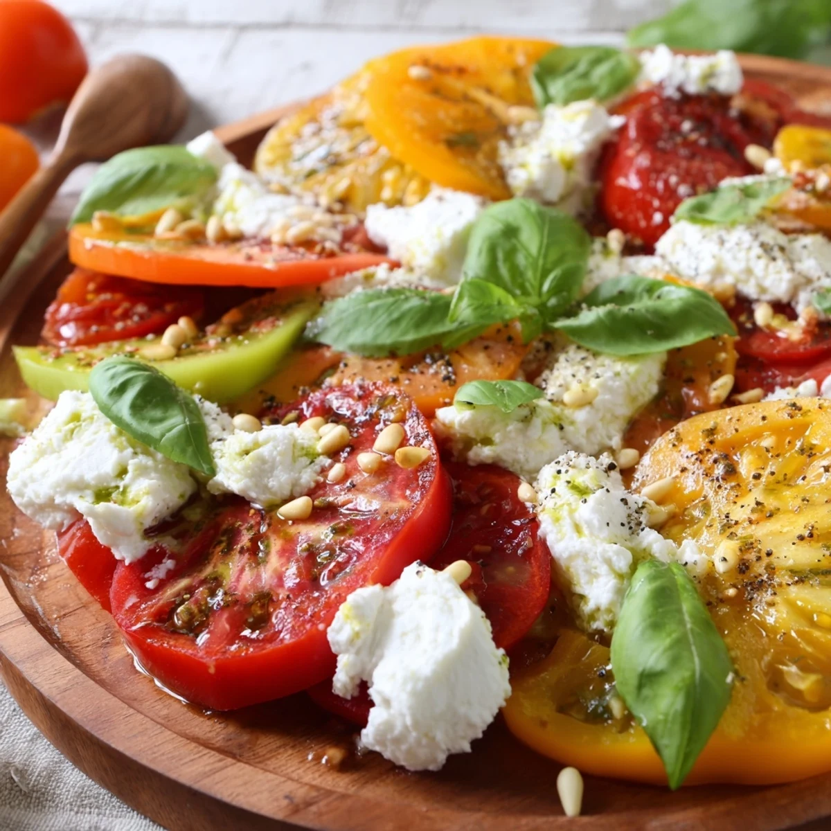 Colorful heirloom tomatoes and soft burrata cheese garnished with fresh basil, ideal for a summer appetizer or side dish.
