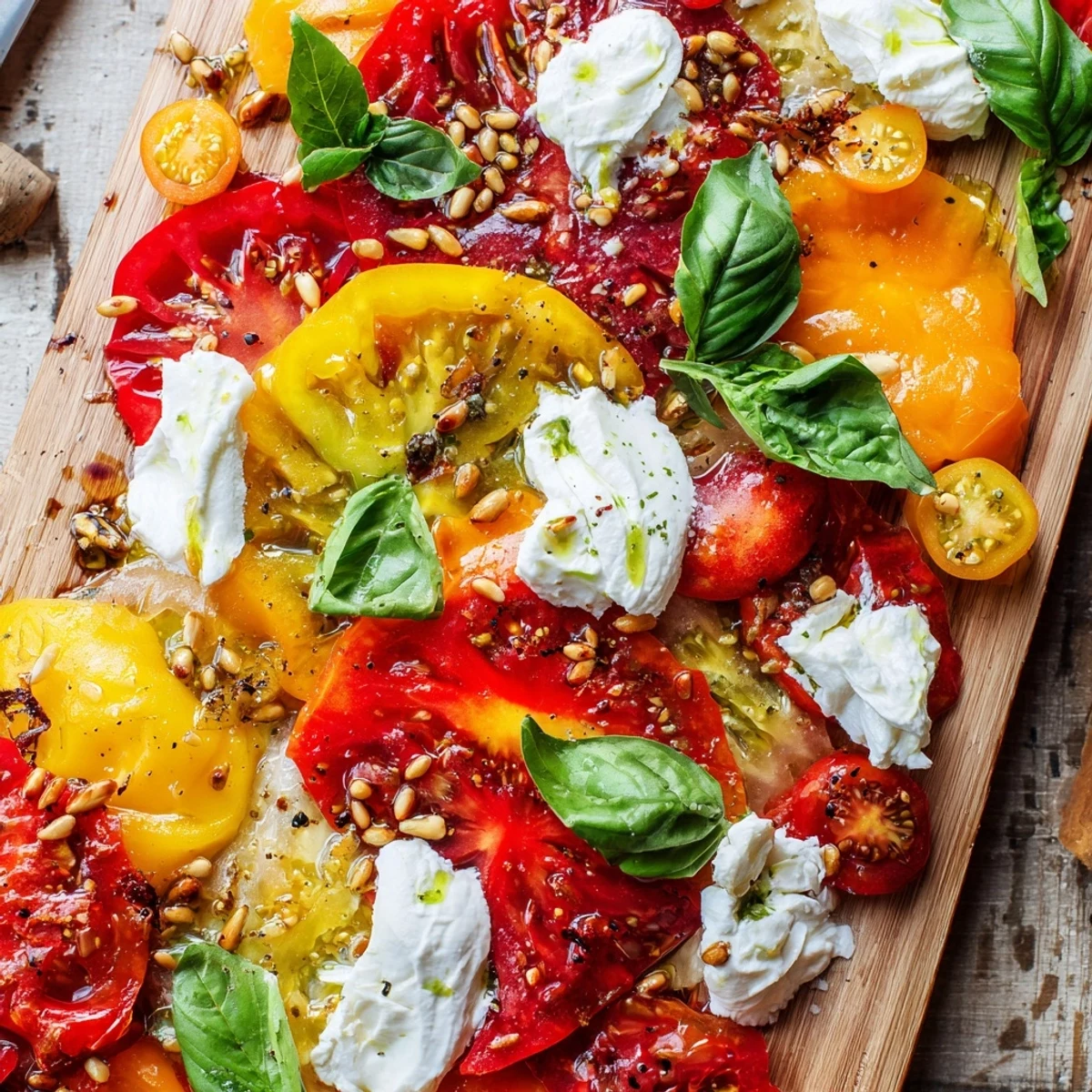 Sliced heirloom tomatoes, torn burrata, and toasted pine nuts arranged artfully on a wooden board for easy sharing.