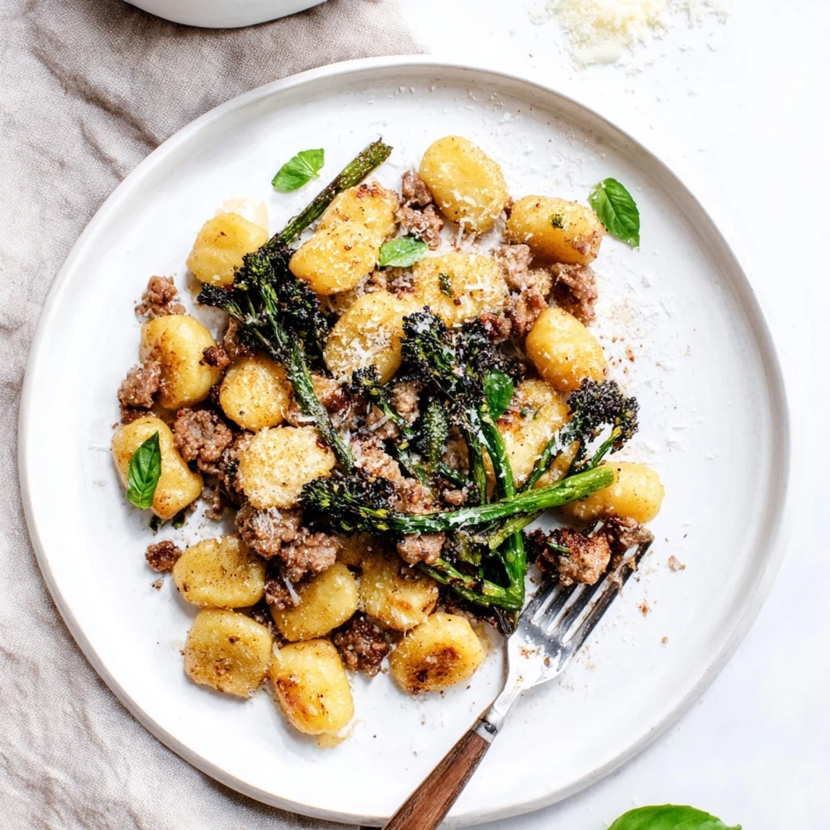 Hearty Sheet Pan Gnocchi Bake featuring pillowy gnocchi, savory sausage, and crisp-tender broccolini on a baking sheet.