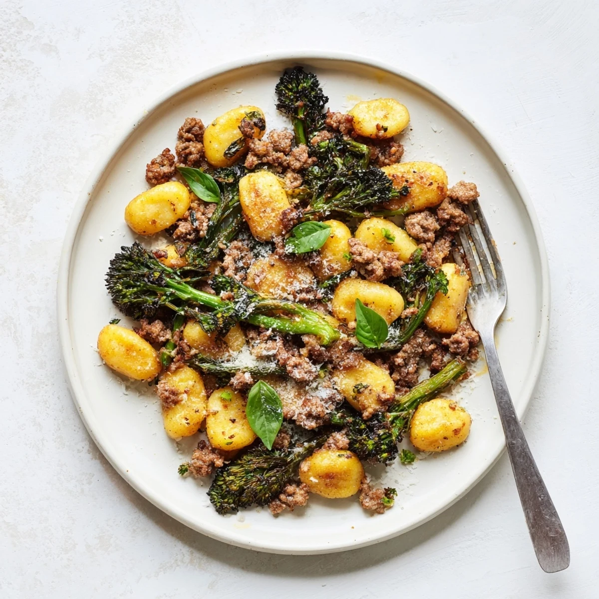Golden-brown Sheet Pan Gnocchi Bake with crispy Italian sausage and tender broccolini, garnished with Parmesan.