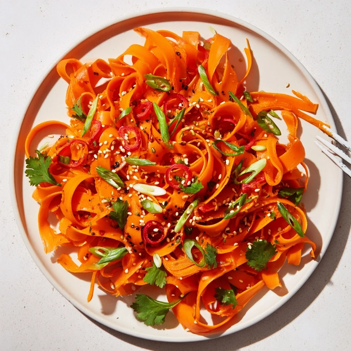 Bright orange carrot ribbons tossed in a savory soy-sesame dressing, garnished with fresh cilantro and toasted sesame seeds.
