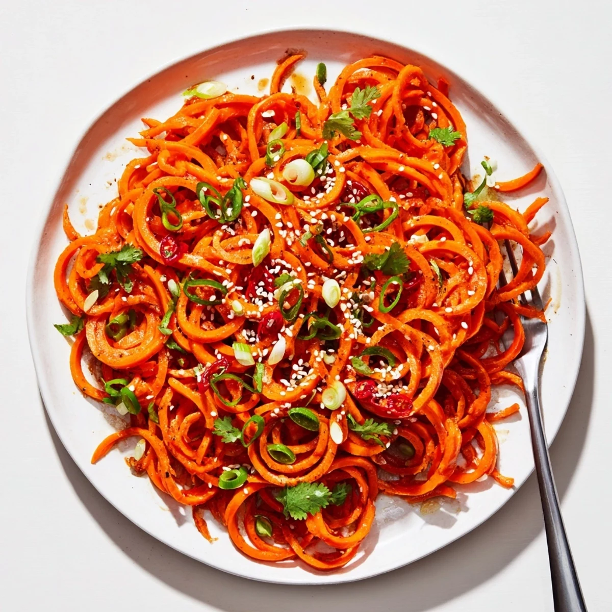 Vibrant spiralized carrot salad with sesame and soy, topped with fresh cilantro for a crunchy finish.