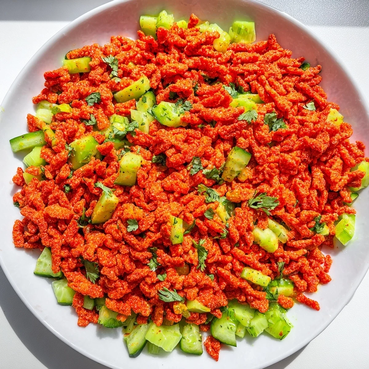 Crunchy Flamin Hot Cheeto salad tossed with crisp cucumbers, cilantro, and a spicy lime-hot sauce dressing, perfect for a quick snack.