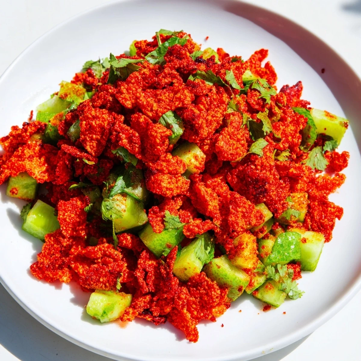 Vibrant vegetarian Flamin Hot Cheeto salad featuring crushed spicy chips, fresh cucumber, cilantro, and a tangy lime dressing on a plate.