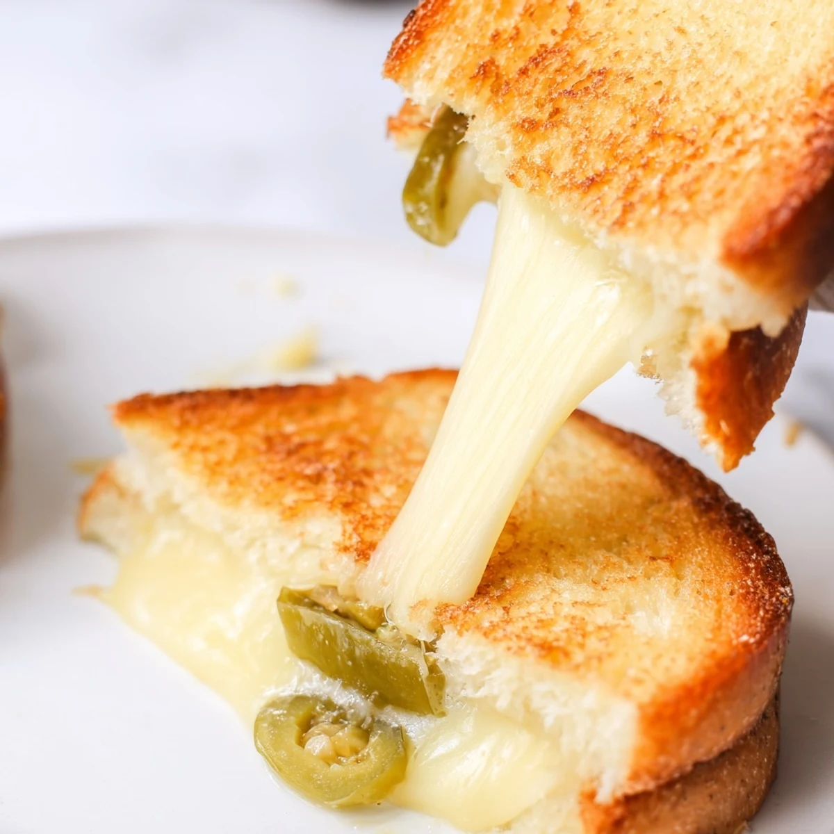 Two halves of Cheddar Jalapeño Grilled Cheese stacked on a plate, showing gooey, melted cheddar.