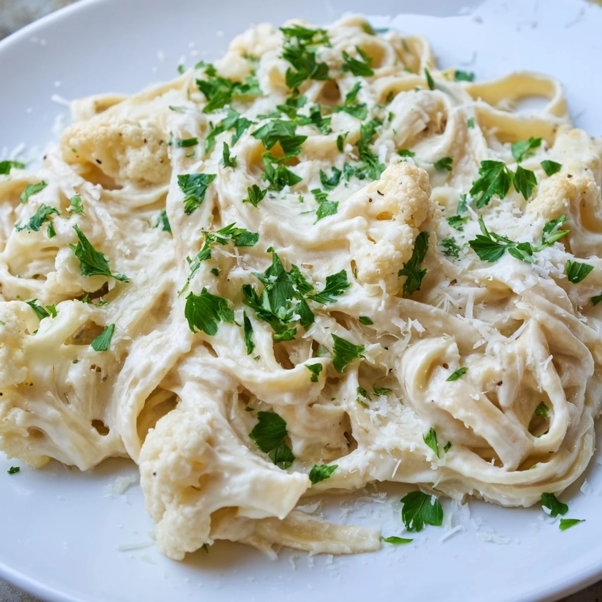 Creamy roasted cauliflower Alfredo sauce coats fettuccine, topped with fresh parsley and extra Parmesan cheese.