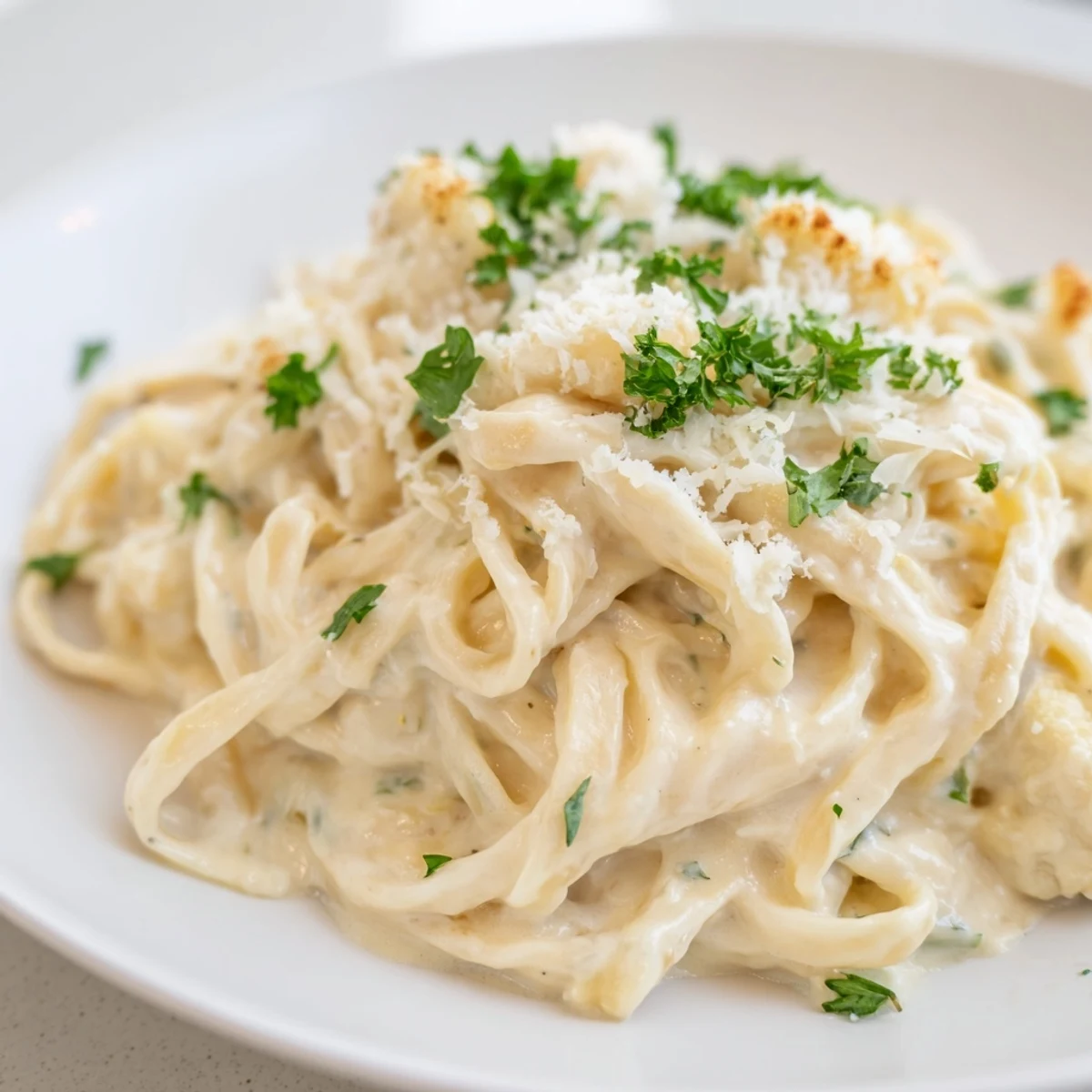Golden roasted cauliflower and garlic blend into a rich, velvety pasta sauce served warm in a bowl.