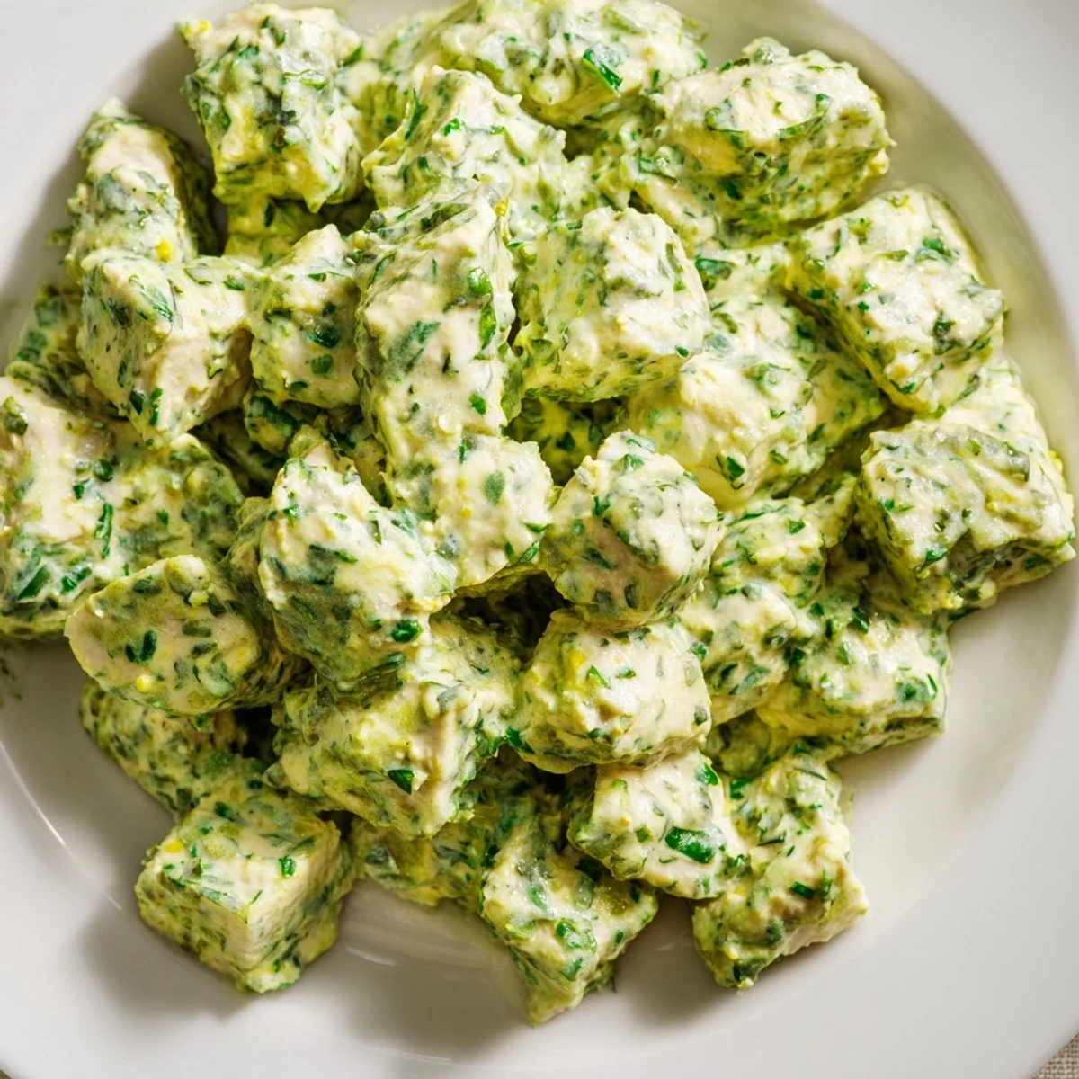 Vibrant Green Goddess Chicken Salad with tender, herb-coated chicken chunks resting on a bed of crisp mixed greens, cherry tomatoes, and avocado.