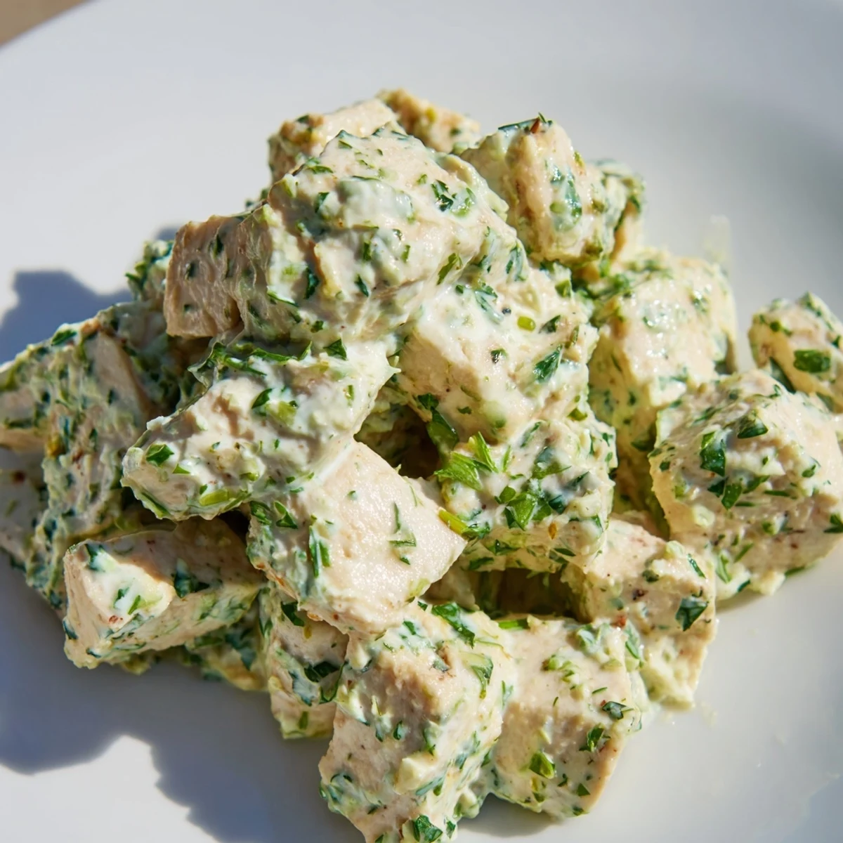 A close-up of Green Goddess Chicken Salad featuring juicy chicken tossed in creamy green dressing, with sliced cucumbers and fresh herbs scattered nearby.