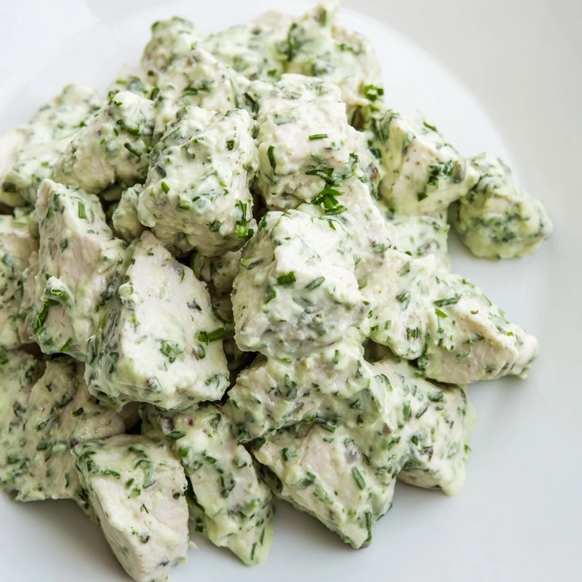 Serving suggestion for Green Goddess Chicken Salad: a generous bowl of mixed greens topped with marinated chicken and a drizzle of herby yogurt dressing.