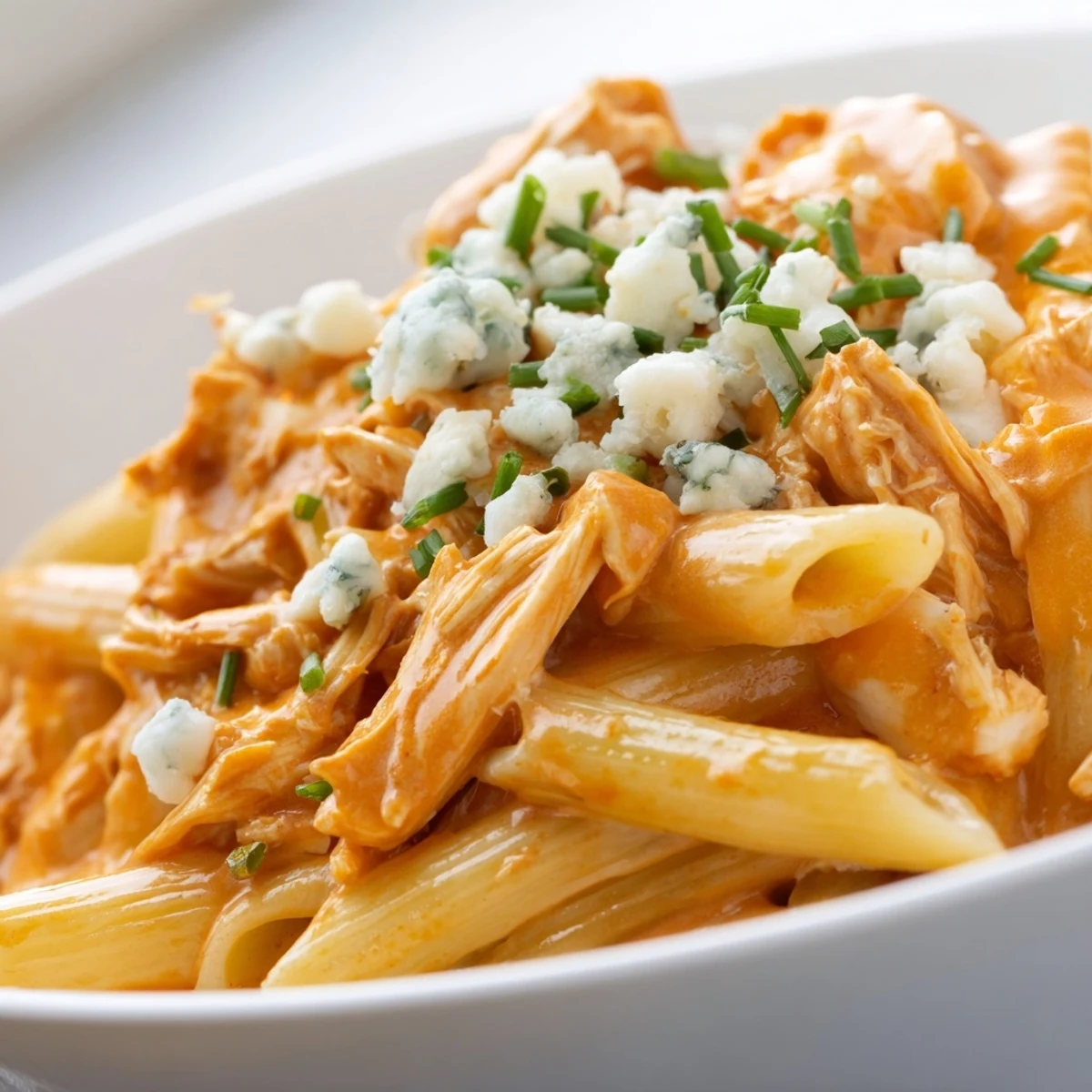 Creamy Buffalo Chicken Pasta tossed with tender shredded chicken and drizzled with spicy sauce, topped with crumbled blue cheese and fresh chives.