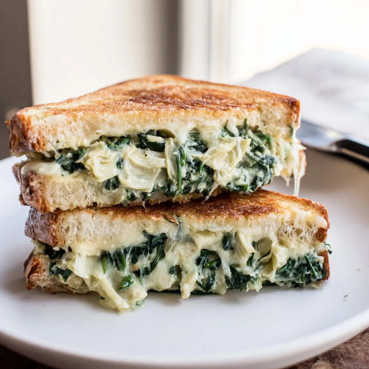 Golden-brown sourdough sandwiches stuffed with creamy spinach artichoke grilled cheese, served with a side of tomato soup.  