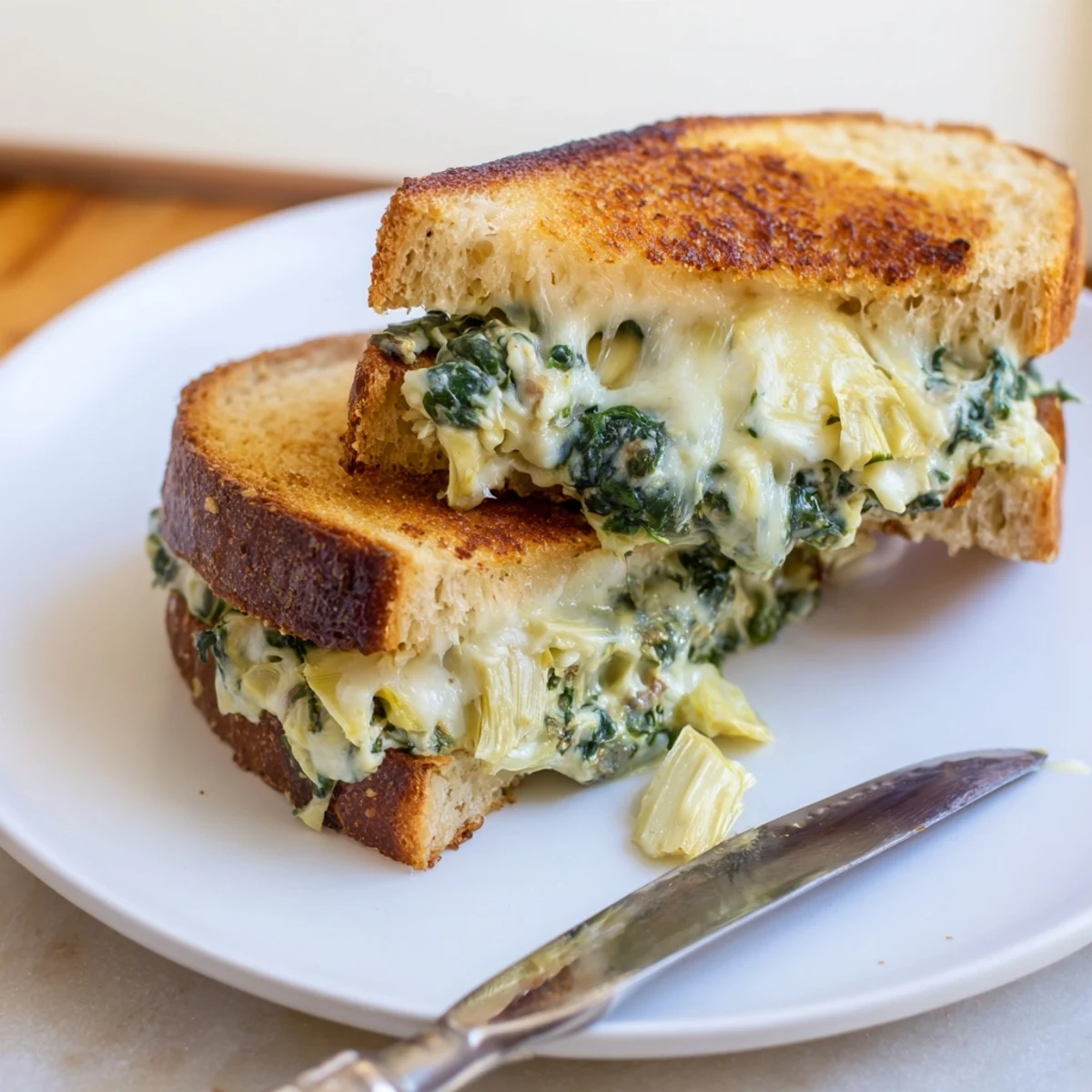 Two halves of a homemade spinach artichoke grilled cheese on a rustic wooden board, melted mozzarella stretching from the crusty bread.  