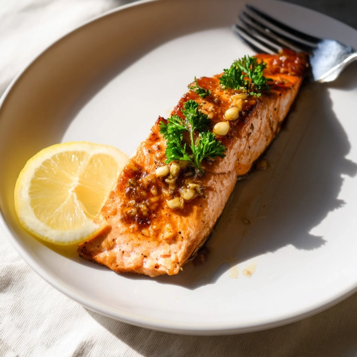 Golden-brown Honey Garlic Glazed Salmon fillets fresh from the oven, glistening with sticky sauce.