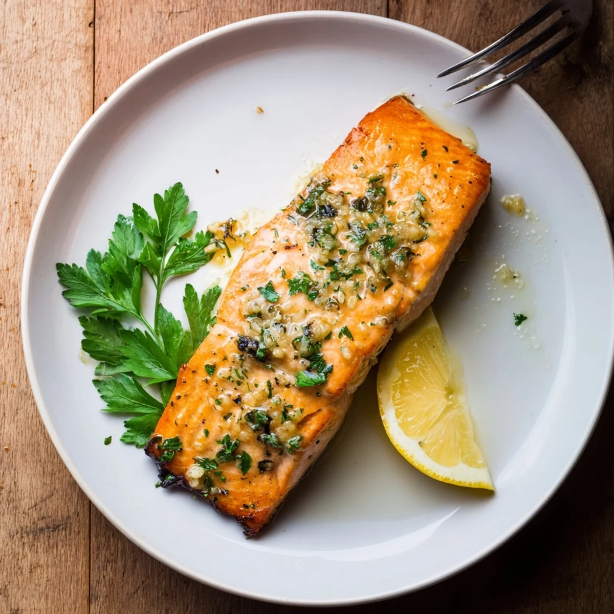 Honey Garlic Glazed Salmon served on a plate with lemon wedges and fresh parsley.