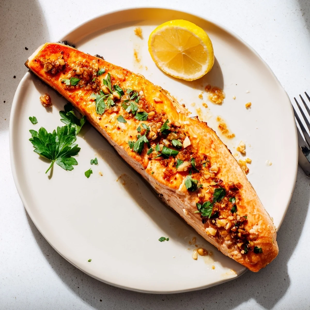 Tender Honey Garlic Glazed Salmon flaking easily with a fork, revealing a juicy pink interior.