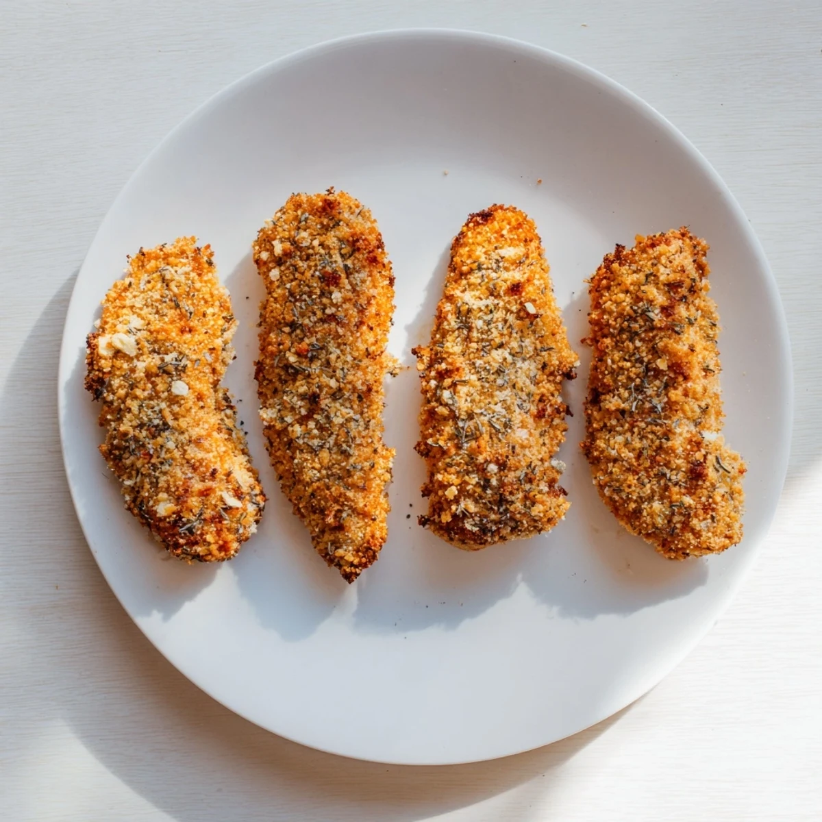 Freshly baked Crispy Panko Chicken Strips emerge from the oven with a golden brown, crunchy coating and tender white meat inside.