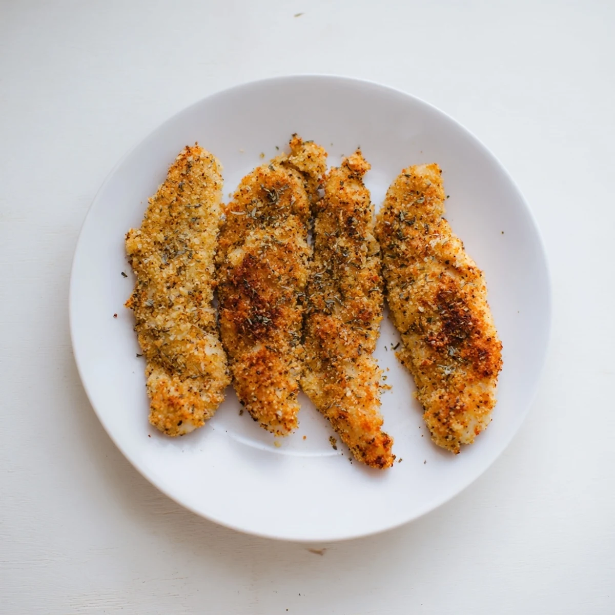 Juicy chicken tenders are coated in herbed panko breadcrumbs, baked to perfection in this close-up of Crispy Panko Chicken Strips.