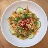 Golden, crispy rice forms the base of this flavorful Cucumber Rice Salad, tossed with fresh veggies.
