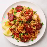 This flavorful Chicken and Chorizo Rice Skillet showcases tender chicken pieces and vibrant peppers mingling with seasoned rice.