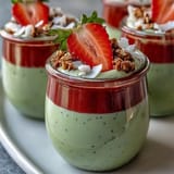 Layered strawberry matcha chia pudding jars with vibrant red strawberry puree and green matcha yogurt.